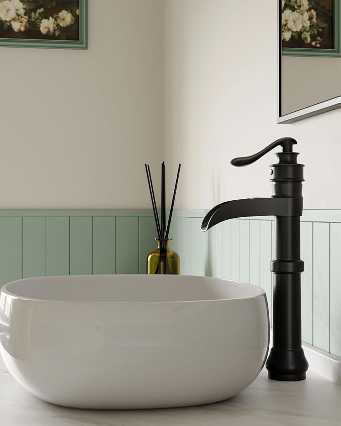 BWE Matte Black Vessel Sink Faucet Waterfall Tall Bathroom Faucet | Single Handle 1 Hole Brass Countertop Lavatory Vanity Mixer Tap with Pop Up Drain and Supply Lines for RV Bar No Overflow
