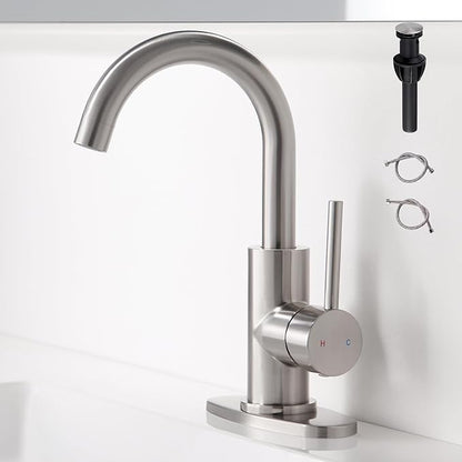 Brushed Nickel Bathroom Faucet - Single Hole Waterfall Bathroom Sink Faucet with Drain Assembly, 360° Swivel Spout Vanity Faucet Single Handle Lavatory Sink Faucet
