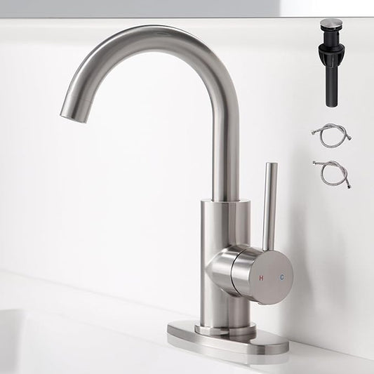 Brushed Nickel Bathroom Faucet - Single Hole Waterfall Bathroom Sink Faucet with Drain Assembly, 360° Swivel Spout Vanity Faucet Single Handle Lavatory Sink Faucet