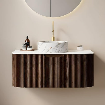 Yayzy 36" Floating Bathroom Vanity with Sink, Solid Wood Fluted Cabinet, White Marble-Patterned Ceramic Basin & Faux Marble Top, Soft-Close Drawer, Pre-Assembled, Walnut Woodgrain