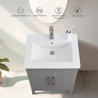 Vanity Art 24 inch Bathroom Vanity with Single Sink & Ceramic Top, Vanity Cabinet with Soft-Closing Doors, Solid Wood Frame, Cashmere Gray, VA9024-G-MB1
