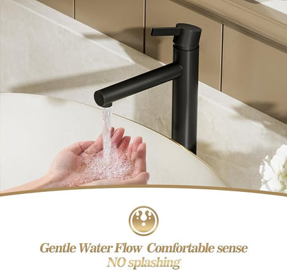 Matte Black 1 Hole Tall Bathroom Vessel Sink Faucet, Single Hole Single Handle Vanity Bathroom Faucet, with Pop Up Drain and Water Supply Line, FH01-MB-V