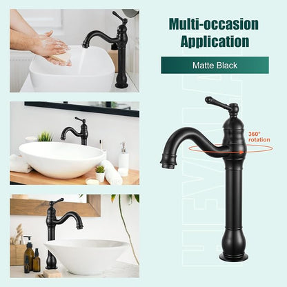 Heyalan Tall Vessel Sink Faucet, Single Handle 1-Hole,Matte Black | SUS304 stainless steel, 360° swivel spout, includes pop-up drain & hoses, deck mount 1-hole, tall design for vessel sink