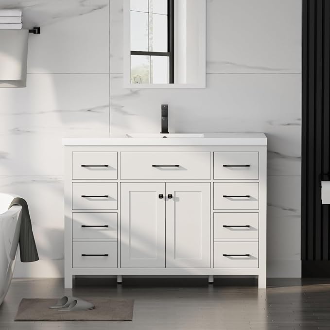 LUCKWIND 48" Modern Bathroom Vanity with Sink Combo, Contemporary Painted Storage Cabinet and Single White Sink, Include Soft-Closing Doors & Matte Black Faucet, White