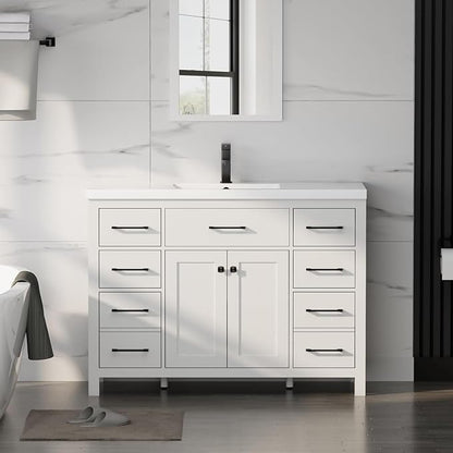 LUCKWIND 48" Modern Bathroom Vanity with Sink Combo, Contemporary Painted Storage Cabinet and Single White Sink, Include Soft-Closing Doors & Matte Black Faucet, White