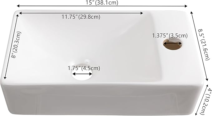 JONATHAN Y SNK1004A-R Felix 15 in. W x 8 in. D Modern Wall Mounted Rectangular Ceramic Mini Sink Basin, Right-Side Faucet, White