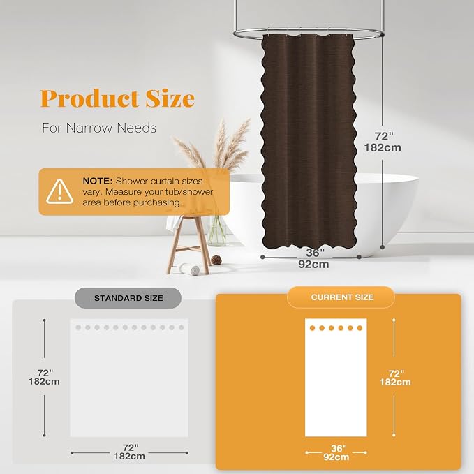 BTTN Stall Boho Scalloped Linen Textured Cloth Shower Curtain, 36x72, Brown | Half Size, 230GSM Waterproof Polyester, Heavy Duty Fabric, 6 Plastic Hooks, Elegant Modern Farmhouse Style, Machine Washable