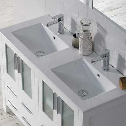 Blossom 48 Inch Solid Wood Double Sink Bathroom Vanity with Ceramic Top | Luxury Freestanding Master Bath Cabinet | 5-Layer Moisture-Resistant Finish | Soft-Close Drawers, Glossy White