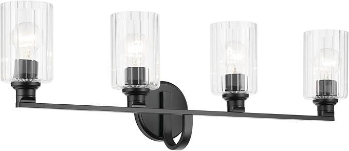 Kichler Gioe 32.25" 4-Light Vanity Light with Clear Fluted Glass in Black, Damp Rated, for Bathroom,Powder Room, Over a Mirror, (32.25" W x 10.5" H), 55227BKFLU