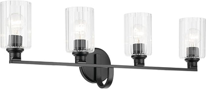 Kichler Gioe 32.25" 4-Light Vanity Light with Clear Fluted Glass in Black, Damp Rated, for Bathroom,Powder Room, Over a Mirror, (32.25" W x 10.5" H), 55227BKFLU