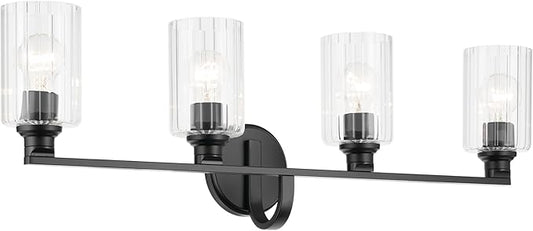 Kichler Gioe 32.25" 4-Light Vanity Light with Clear Fluted Glass in Black, Damp Rated, for Bathroom,Powder Room, Over a Mirror, (32.25" W x 10.5" H), 55227BKFLU