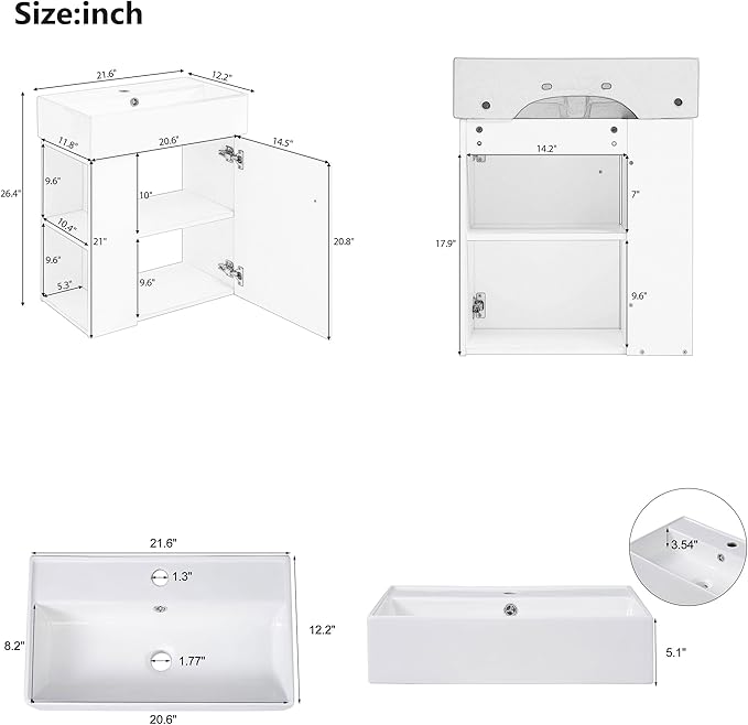 22" Small Bathroom Vanity with Sink, Floating Vanity for Bathrooms with Soft-Close Door and Open Shelf, Wall Mounted Narrow Bathroom Vanities for Compact Bathrooms (Gray,22" Floating Left Shelf)