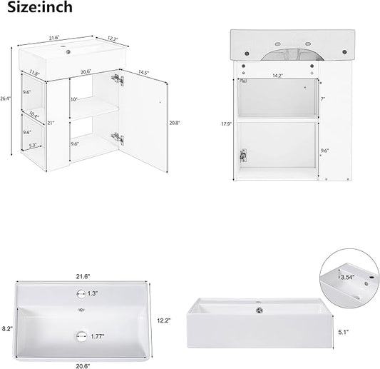 22" Small Bathroom Vanity with Sink, Floating Vanity for Bathrooms with Soft-Close Door and Open Shelf, Wall Mounted Narrow Bathroom Vanities for Compact Bathrooms (White,22" Floating Left Shelf)