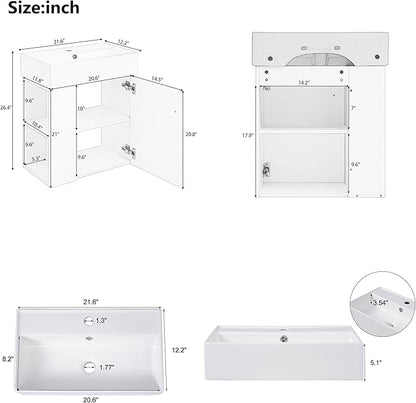 22" Small Bathroom Vanity with Sink, Floating Vanity for Bathrooms with Soft-Close Door and Open Shelf, Wall Mounted Narrow Bathroom Vanities for Compact Bathrooms (Green,22" Floating Left Shelf)