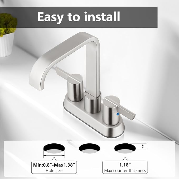 Brushed Nickel Waterfall Bathroom Faucet 4 Inch Centerset,2-Handle | Stainless Steel 3-Hole Deck-Mount Design Includes Supply Lines and Pop-Up Drain for a Complete Vanity Installation