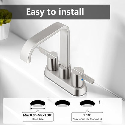 Brushed Nickel Waterfall Bathroom Faucet 4 Inch Centerset,2-Handle | Stainless Steel 3-Hole Deck-Mount Design Includes Supply Lines and Pop-Up Drain for a Complete Vanity Installation