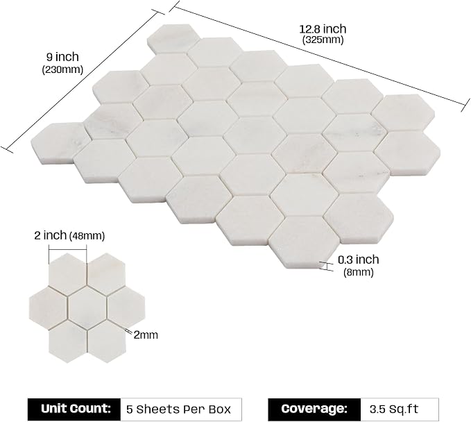 Marble Mosaic Tile, 2 Inch Hexagon, Honed, White Natural Stone Mosaic Tiles for Kitchen Backsaplsh, Shower Floor, Bathroom, Accent Wall, Pack of 5 Sheets