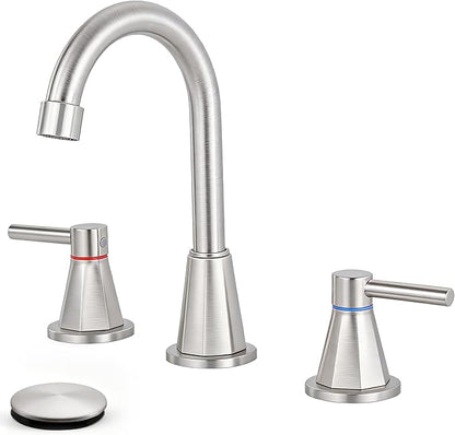 Bathroom Faucet 3 Hole, Brushed Nickel Bathroom Sink Faucet with 360°Swivel Spout, 8 inch Widespread 2 Handle Faucet for Bathroom Sink Vanity RV with Pop-up Drain Supply Line Stainless Steel
