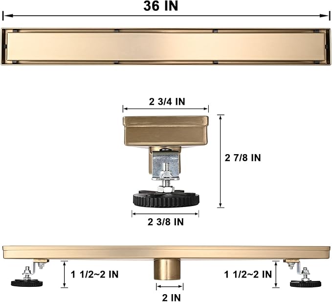 Linear Shower Floor Drain, Brushed Gold 36 Inch 304 Stainless Steel Bathroom Drains Kit, Rectangular Shower Trench Drain with Reversable Tile-in Pattern Drain Cover & Hair Catcher
