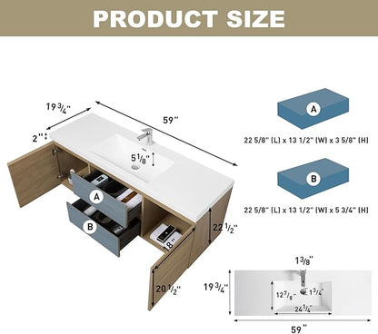 Wall Mounted 60 Inch Bathroom Vanity with Sink, Floating Vanity Bathroom, Single Sink Bathroom Vanity, 2 Drawers, 2 Soft Closing Doors, Resin Integrated Sink (Natural Oak)