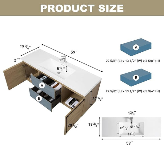 Wall Mounted 60 Inch Bathroom Vanity with Sink, Floating Vanity Bathroom, Single Sink Bathroom Vanity, 2 Drawers, 2 Soft Closing Doors, Resin Integrated Sink (Natural Oak)