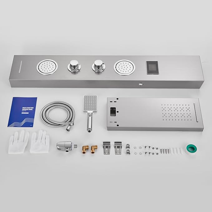 ROVATE Shower Panel Tower System with LED Rainfall Waterfall Shower Head, 5-in-1 LED Stainless Steel Shower Panel System with Body Massage Jets, Handheld Shower and Tub Spout, Brushed Finish