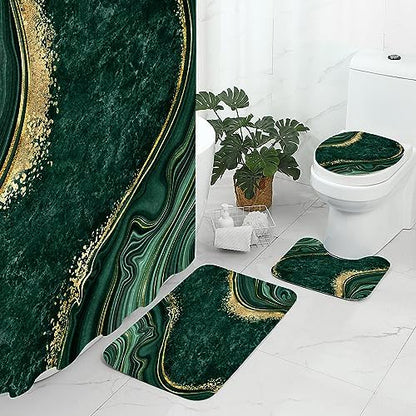 Gibelle 4 Pcs Luxury Marble Shower Curtain Set with Non-Slip Rugs, Toilet Lid Cover and Bath Mat, Gold Foil Emerald Green Bathroom Decor Set with Shower Curtain and Rugs and Accessories