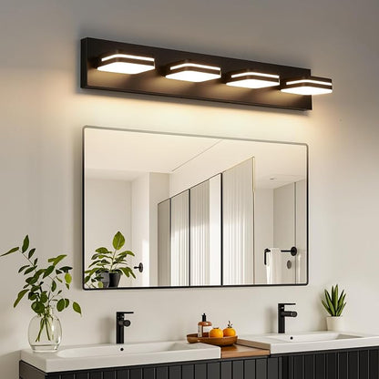 Torondo 360° Rotate LED Bathroom Vanity Light Fixtures, Acrylic Vanity Lights for Bathroom, Modern Wall Lighting Fixtures Over Mirror Living, Matte Black, Warm White, 4-Light, 27-Inch