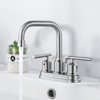 WOWOW Centerset Bathroom Faucet Brushed Nickel: 4 Inch Bathroom Sink Faucets with Lift Rod Drain Assembly Vanity Faucet 2 Handle High Arc Taps Modern