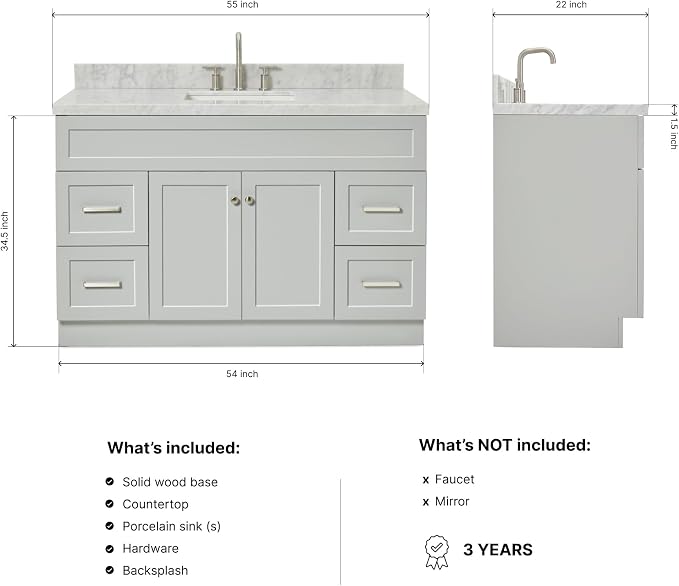 Bradford 54" Grey Single Bathroom Vanity with Sink, 1.5" Italian Carrara Marble Countertop, Rectangular Undermount Sink, 2 Soft Closing Doors, 4 Dovetail Drawers, Brushed Nickel