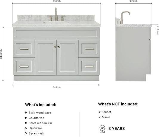 Bradford 54" Grey Single Bathroom Vanity with Sink, 1.5" Italian Carrara Marble Countertop, Rectangular Undermount Sink, 2 Soft Closing Doors, 4 Dovetail Drawers, Brushed Nickel