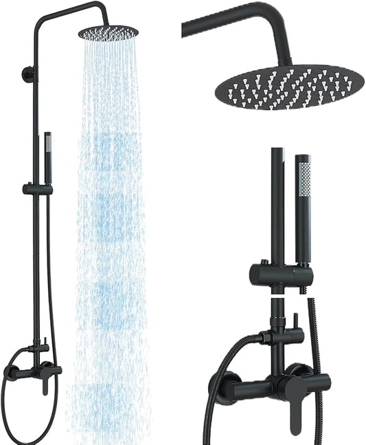 Shower System Matte Black Outdoor Shower Fixtures with 8" Rain Shower Head Handheld Sprayer Single Handle 304 Stainless Steel Wall Mounted Shower Shower Faucet Combo for Bathroom or Backyard