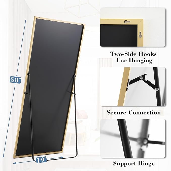NEWBULIG Full Length Floor Mirror 58"x19", Body Standing Mirror | Wall Hanging or Leaning, Shatter-Proof Glass, Aluminum Alloy Frame with Stand, Home Decor Bedroom, Gold