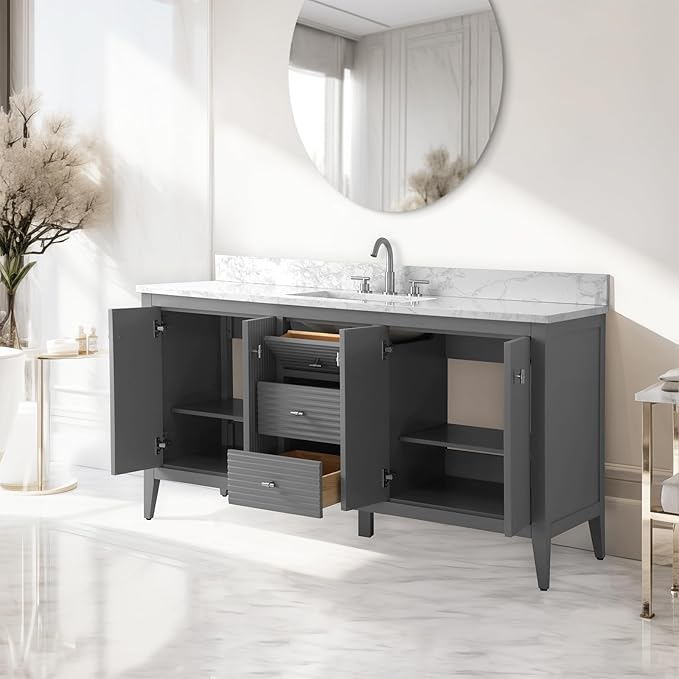 Vanity Art 60 inch Bathroom Vanity with Single Sink & Ceramic Top, Vanity Cabinet with Soft-Closing Door, Solid Wood Frame, Linear Pattern, Cashmere Gray, Golden Brushed Handware VA9160-SG-GB