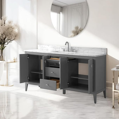 Vanity Art 60 inch Bathroom Vanity with Single Sink & Ceramic Top, Vanity Cabinet with Soft-Closing Door, Solid Wood Frame, Linear Pattern, Cashmere Gray, Golden Brushed Handware VA9160-SG-GB