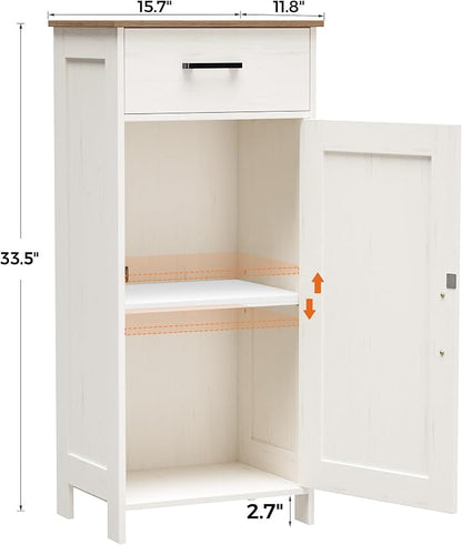 Homhedy Bathroom Storage Cabinet with Drawer & Adjustable Shelf | Freestanding Storage Cabinet for Bathroom, Entryway, Living Room & Kitchen, Rustic White and Brown, 15.7"W