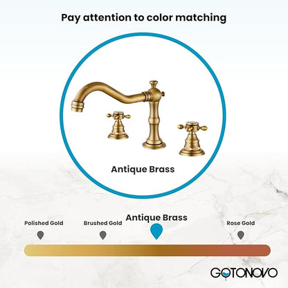 gotonovo 3 Hole Widespread Bathroom Sink Faucet Double Cross Handle Mixer Tap Faucet for Bathroom Sink Vanity Faucet Deck Mount Basin Hot Cold Water Matching Pop Up Drain Antique Brass