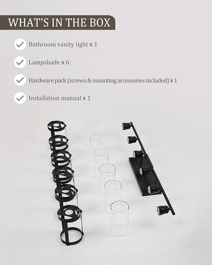 6-Light Matte Black Bathroom Light Fixtures Over Mirror with Clear Glass and Metal Cage Shade, 42" UL-Listed Modern Farmhouse Wall Sconce for Bath, Hardwire E26, OS-3014BK-6W