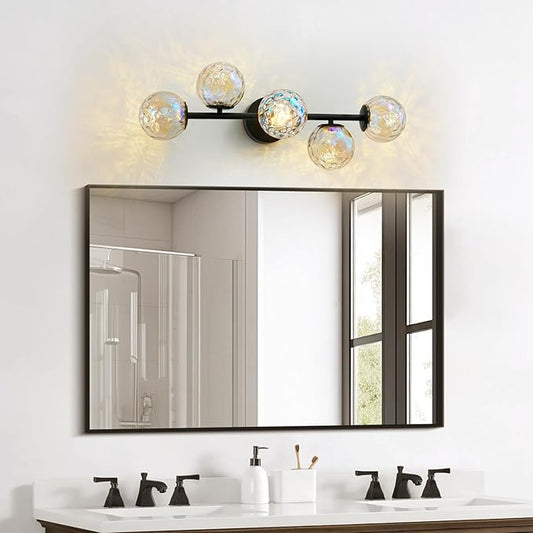 Black LED Bathroom Vanity Light: 5-Light Stained Hammered Glass Colorful Globe Vanity Light Fixtures - Unique Mid Century Modern Dimmable Wall Lights For Bedroom Bath Room Makeup Living Room Fireplace
