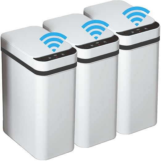 3 PACK - Bathroom Garbage Can with a Lid - 2.5 Gallon Automatic Trash Cans | Bedroom, Office - Small Smart Trash Can Touchless - Plastic, Narrow, Auto Open - Motion Sensor Trash can Bathroom ( White )