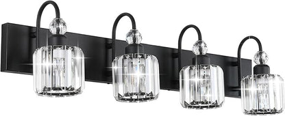 Ralbay Modern Black Vanity Light - 4-Light Crystal Bathroom Wall Light Fixtures in Matte Black