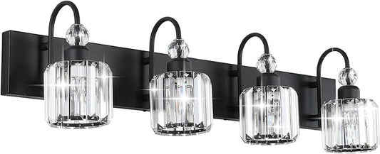 Ralbay Modern Black Vanity Light - 4-Light Crystal Bathroom Wall Light Fixtures in Matte Black