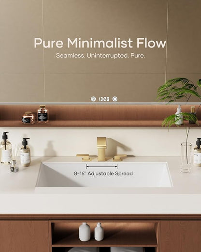 Waterfall Bathroom Faucet 3 Hole, Brushed Gold 8 Inch Widespread Modern 3 Piece Bathroom Sink Faucets & Parts, Touch On Lavatory Faucet for Bathroom Vanity