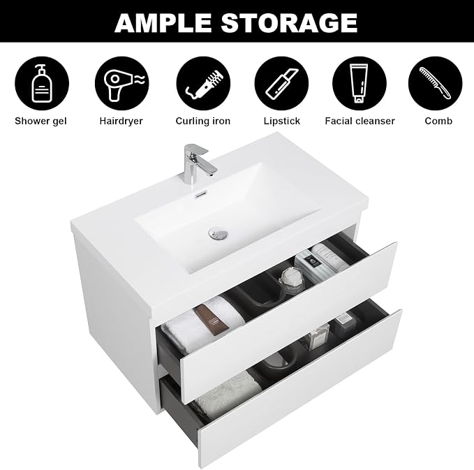 Pre-Assembled 36'' Wall Mounted Bathroom Vanity with Sink, Glossy White | Floating Bathroom Vanity with Solid Surface Top Basin, 2 Soft-Close Drawers, Resin Integrated Sink, Easy to Install & Clean