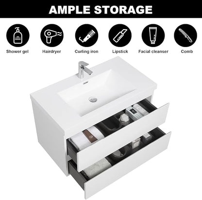 Pre-Assembled 36'' Wall Mounted Bathroom Vanity with Sink, Glossy White | Floating Bathroom Vanity with Solid Surface Top Basin, 2 Soft-Close Drawers, Resin Integrated Sink, Easy to Install & Clean