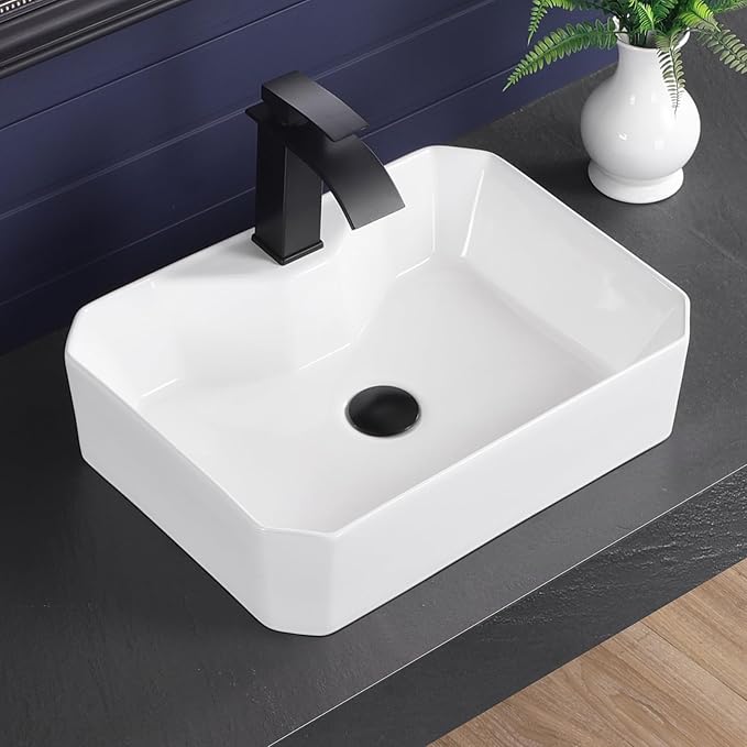 Vessel Sink 20"x15" Rectangular Bathroom Sink Modern White Porcelain Ceramic Above Counter Drop-in Vanity Sink for Bathrooms Art Basin with Faucet Hole
