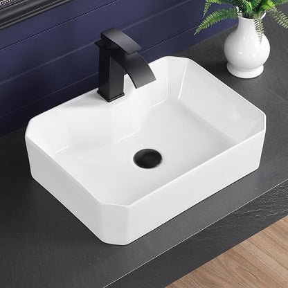 Vessel Sink 20"x15" Rectangular Bathroom Sink Modern White Porcelain Ceramic Above Counter Drop-in Vanity Sink for Bathrooms Art Basin with Faucet Hole