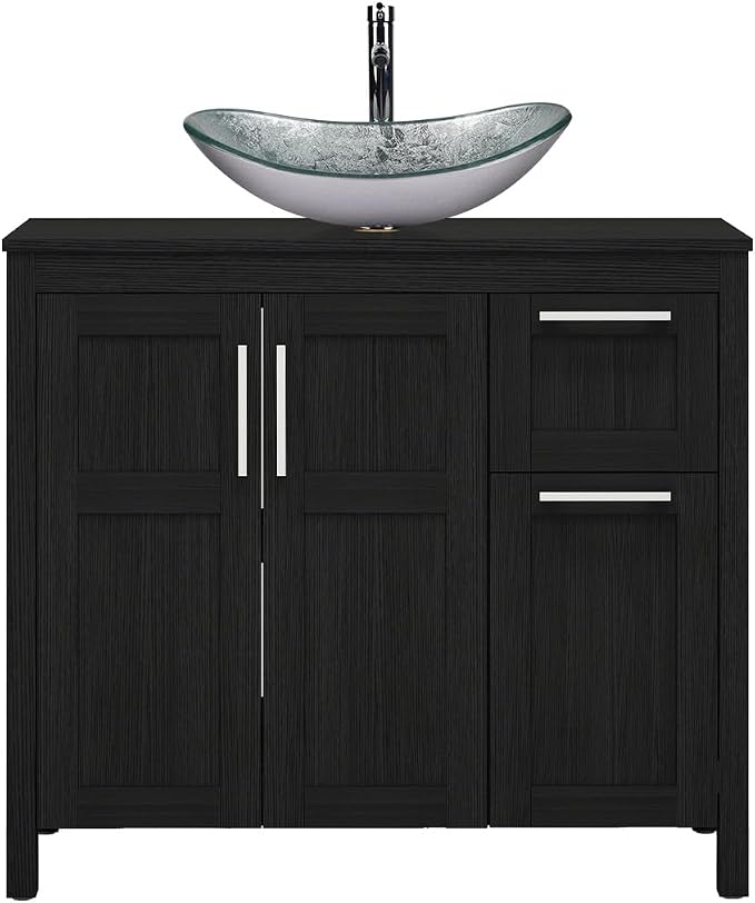 YOURLITE 36" Bathroom Vanity with Sink, White Bathroom Vanity and Sink Combo with Faucet & Pop Up Drain Set,Traditional Vanity with Blue Glass Boat Bathroom Sink