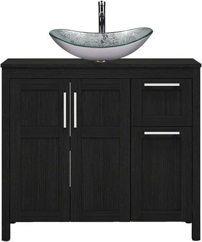 YOURLITE 36" Bathroom Vanity with Sink, White Bathroom Vanity and Sink Combo with Faucet & Pop Up Drain Set,Traditional Vanity with Blue Glass Boat Bathroom Sink