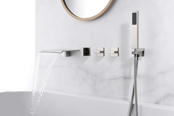 Wall Mount Tub Faucet Brushed Nickel with Hand Shower and Wide Waterfall Spout High Flow Rate, SUMERAIN